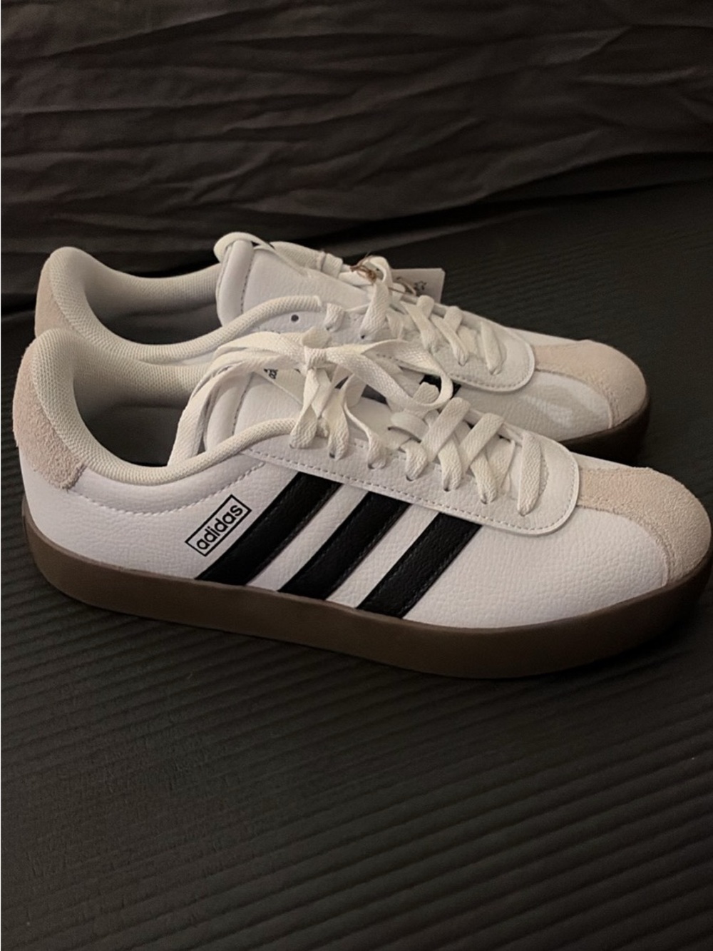 adidas White Sneakers with Black Stripes and Brown Sole